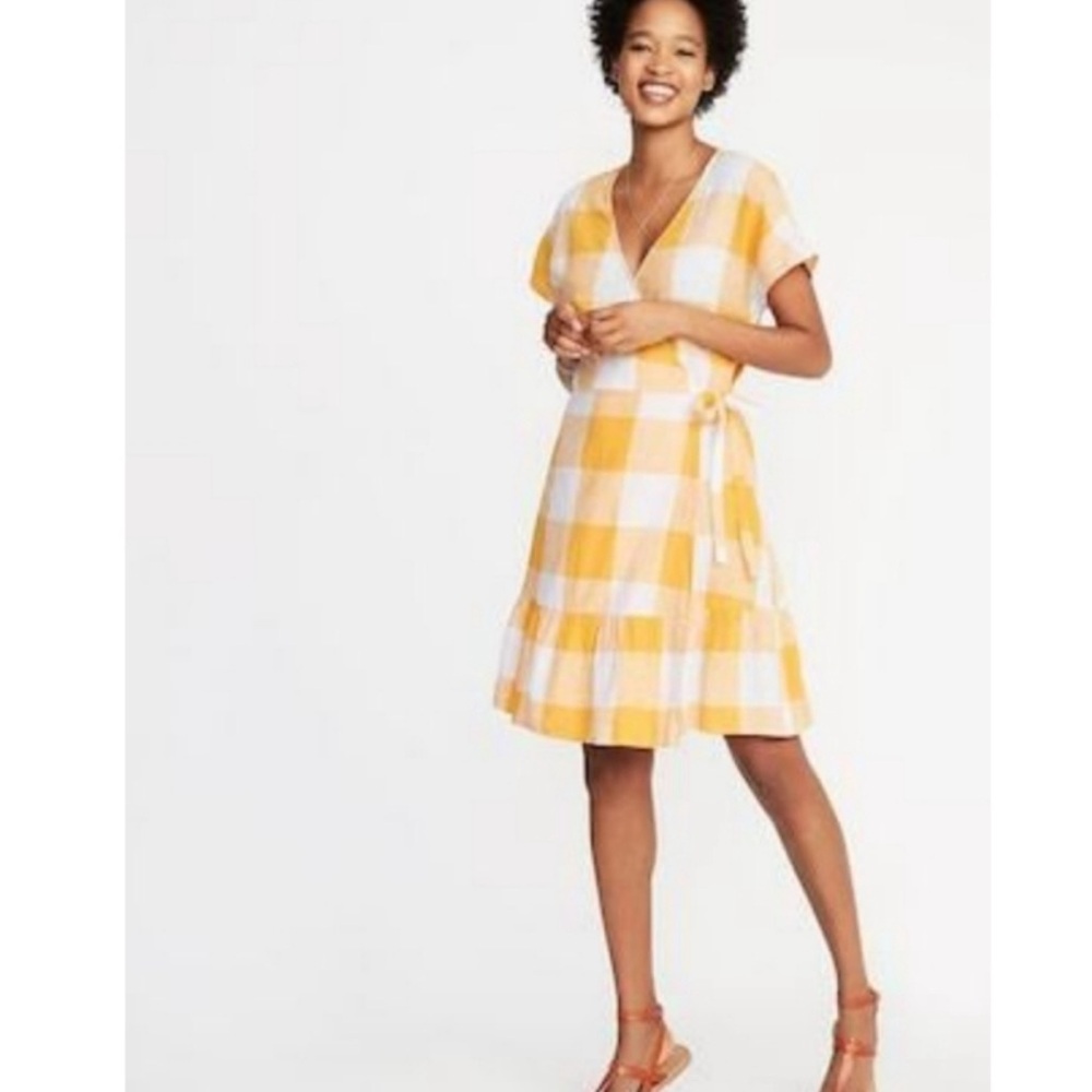 Old Navy Yellow Plaid Wrap Dress linen rayon mix size 8 - Picture 2 of 8